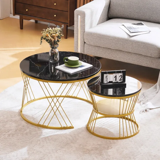 Maisentiel Ronde salontafelset van 2 - Ø70 cm - nestbaar - MDF met marmerlook - zwart/goud