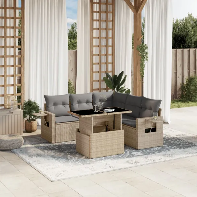 vidaXL 6-delige Loungeset met kussens poly rattan beige, foto 2
