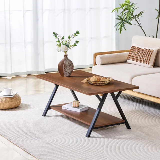 CHICFURN Salontafel 110 cm - Met opbergplank - X-vormig metalen frame - Walnootkleurig en zwart Walnootbruin