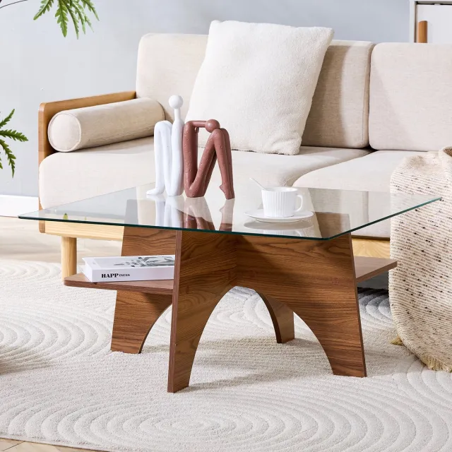 STILVORA Vierkante Salontafel Van Veiligheidsglas Met MDF Onderstel In Walnootlook Voor Woonkamer En Kantoor 80 X 80 X 40 Cm Walnut