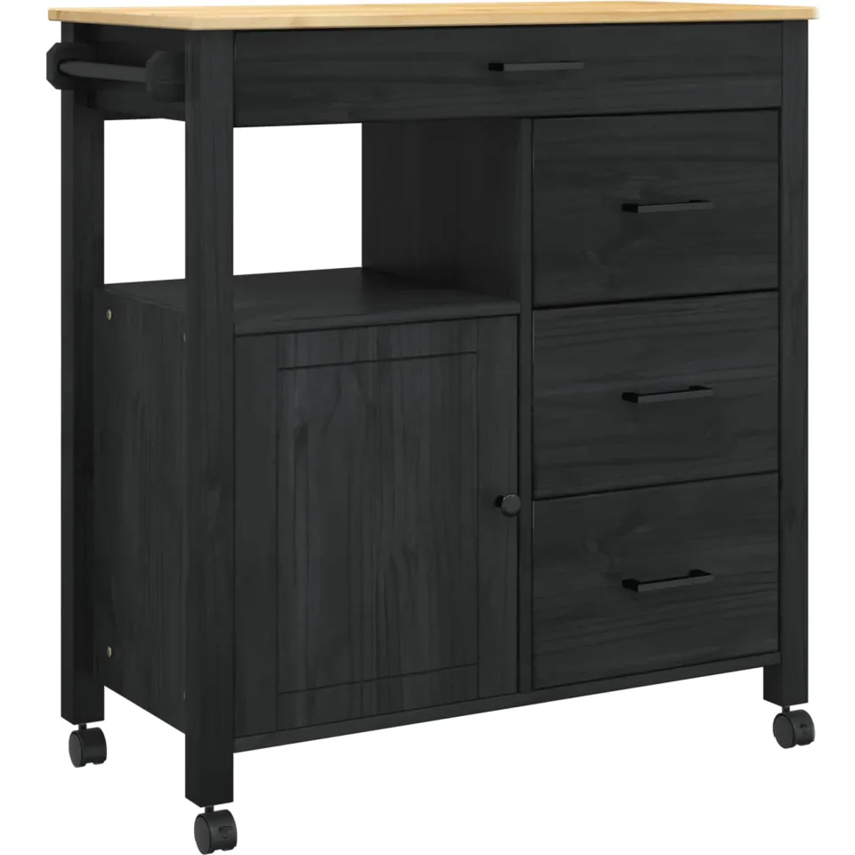 vidaXL Keuken Trolley MONZA Zwart 84 x 40 x 88,5 cm Massief Vurenhout