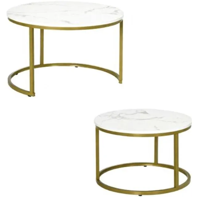 Rolipo Salontafel set van 2 - ø 74/59 cm - Hoogte 38/46 cm - Bijzettafel Rond - Salon Tafel Industrieel - Tafelblad Hout - Goud/WIT Marmer