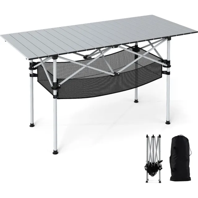 Costway Campingtafel inklapbaar, klaptafel met oprolbaar aluminium tafelblad en netmand, vouwtafel tot 100 kg belastbaar, incl. draagtas, voor camping, tuin, 119 x 55 x 69 cm (zilver)