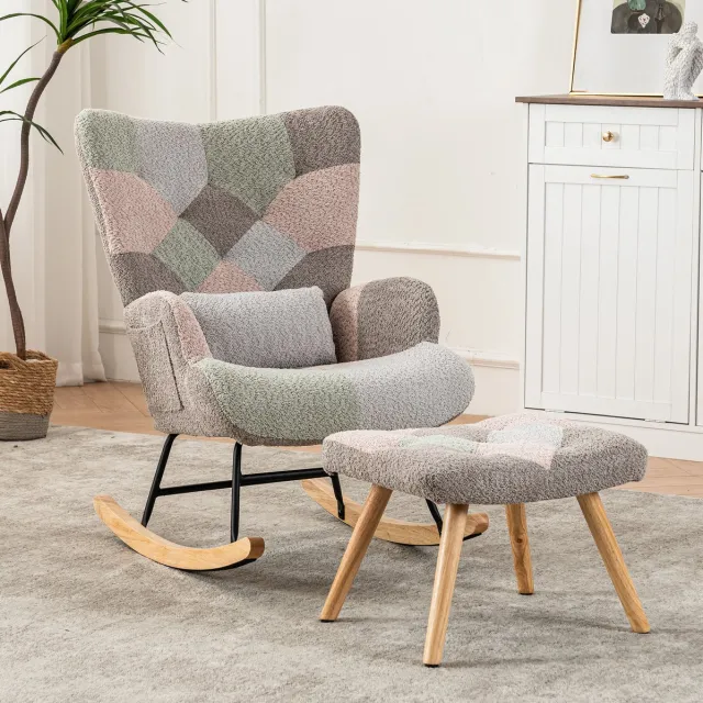 REDOM Schommelstoel - Met hocker en lendenkussen - Verstelbare voetensteun - Gestikt patroon - Woonkamer slaapkamer terras - Hout - Meerkleurig - 91 x 68 x 83 cm