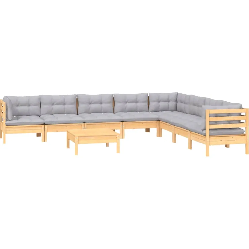 vidaXL 9-delige Loungeset met grijze kussens massief grenenhout Grijs