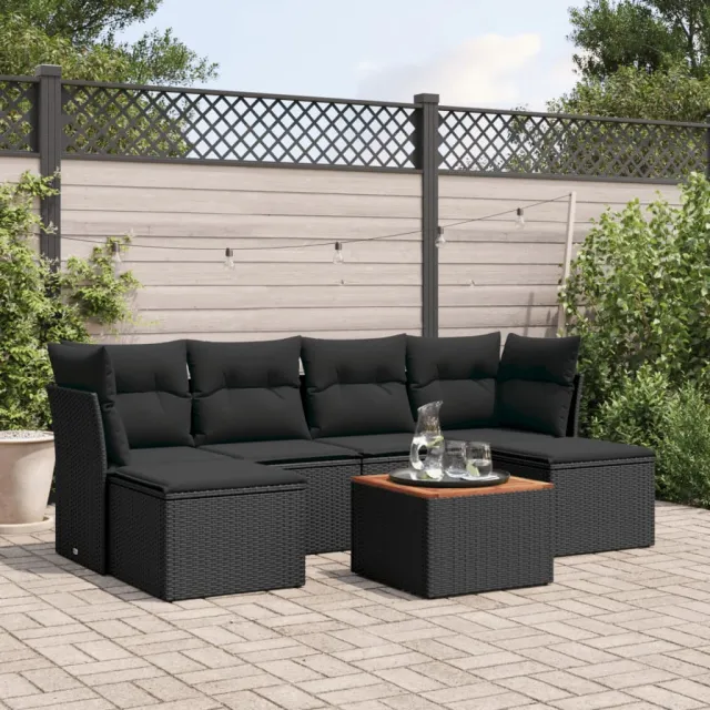 vidaXL 7-delige Loungeset met kussens poly rattan zwart, foto 2
