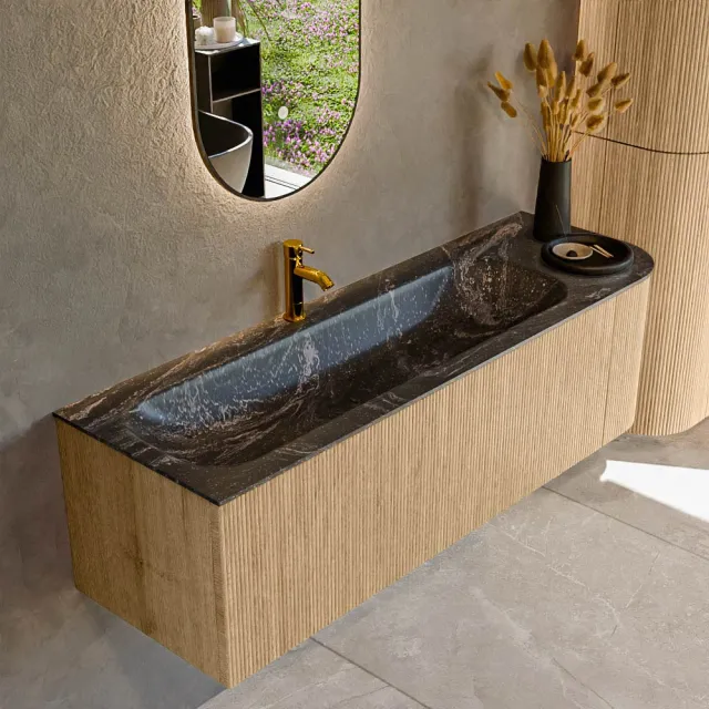 Mondiaz KURVE-DLUX 145 cm Onderkast Greeploos 1 Lade Met Deuren Oak, Wastafel Solid Surface Links Lava 1 Kraangat Zonder Spiegel (KRVBGL145R1L1D1KL-Oak/Lav)