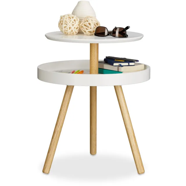 Relaxdays bijzettafel met extra tafelblad - rond - hout - driepoot - salontafel - 55 x 47 x 47 cm - wit