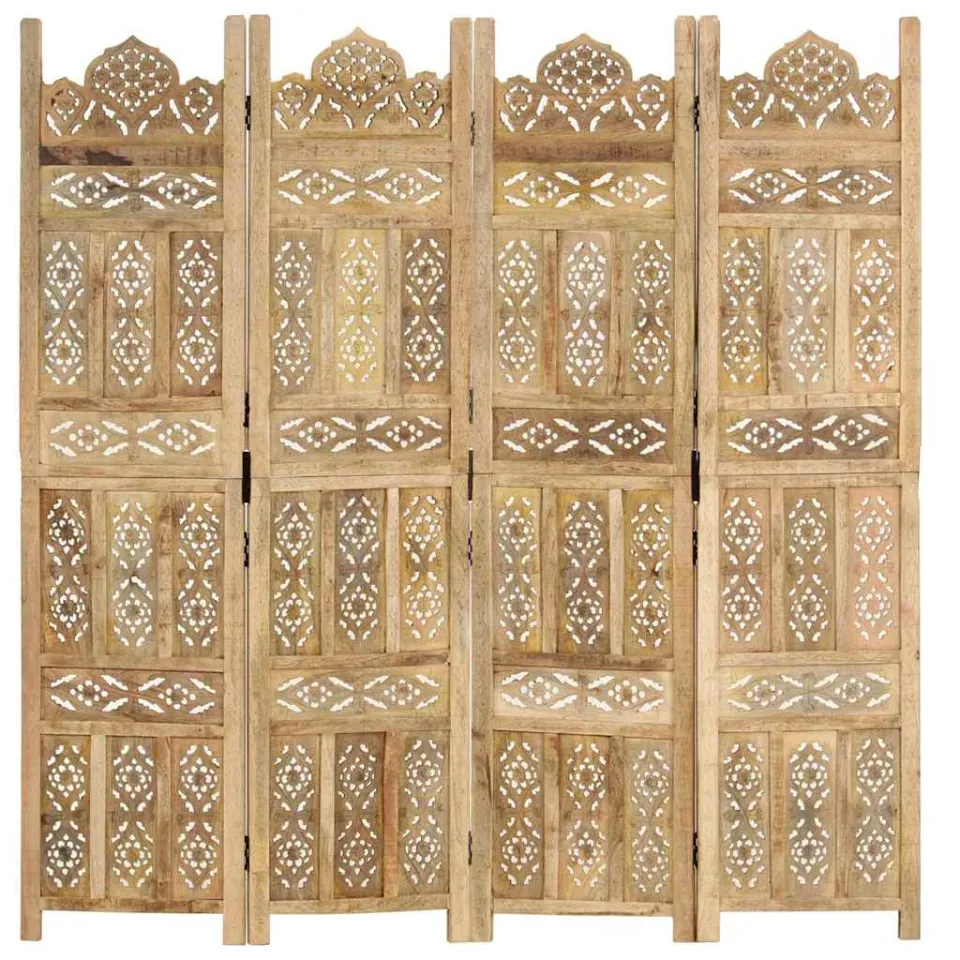 vidaXL Kamerscherm 4 panelen handgesneden 160x165 cm massief mangohout bruin, foto 3