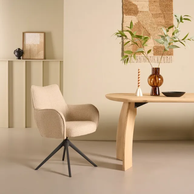 Woonexpress Draaibare Eetkamerstoel Tumba - Boucle / Metaal - Beige / Zwart - 62x80x66 cm (BxHxD) - 360° - ARS Beige/Creme
