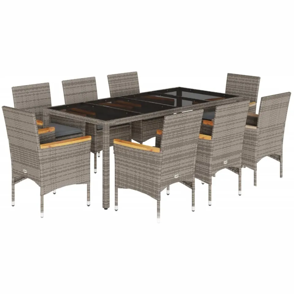vidaXL 9-delige Tuinset met kussens poly rattan en glas grijs, foto 3