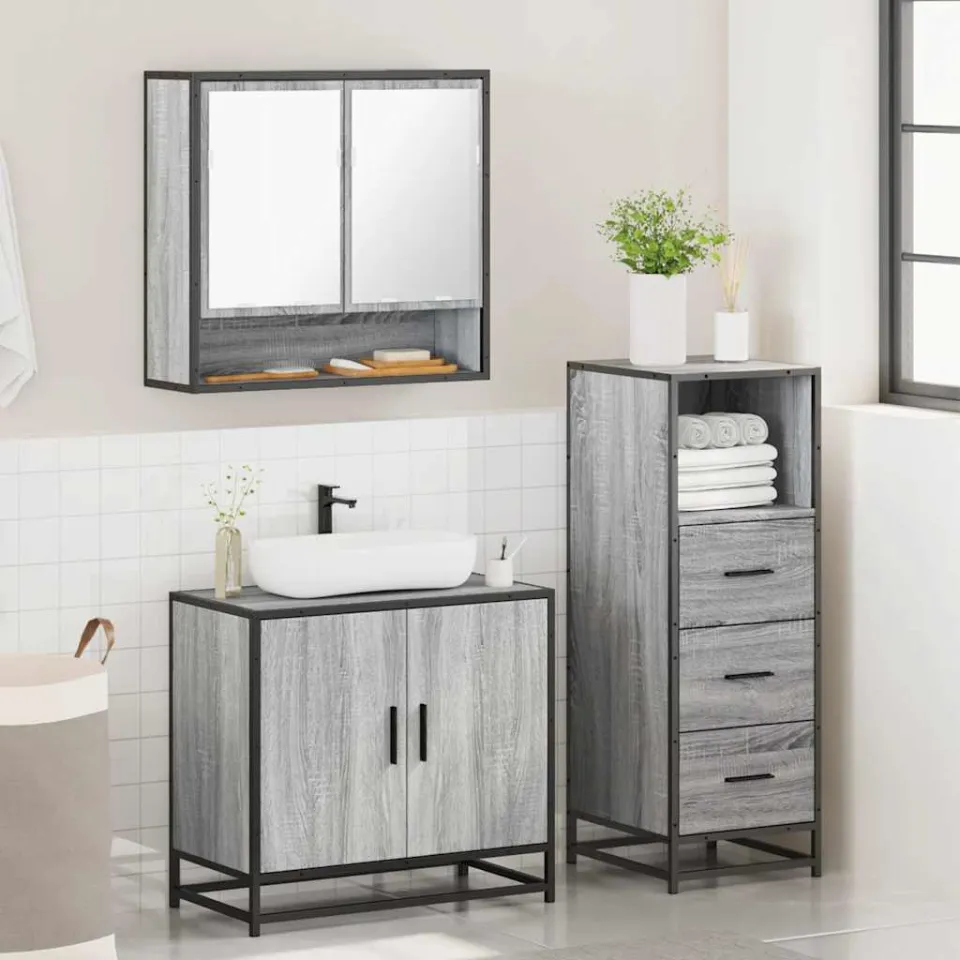 vidaXL 3-delige Badkamermeubelset bewerkt hout grijs sonoma eikenkleur, foto 4