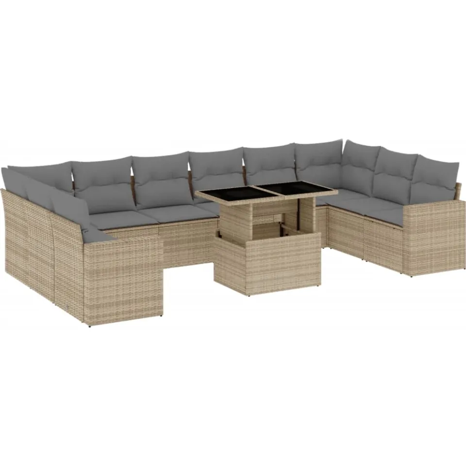 vidaXL 11-delige Tuinset met kussens poly rattan beige, foto 3
