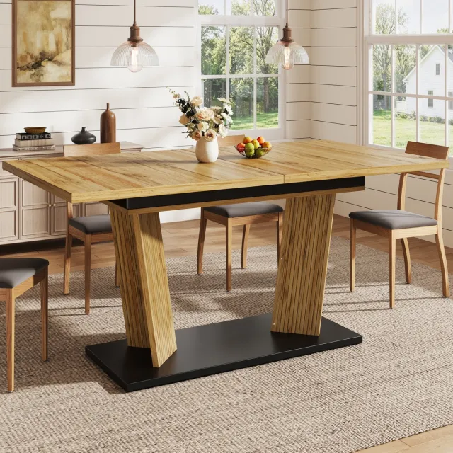 DESMIU Uitschuifbare Eettafel - Verlengbaar Met Stabiele Sokkel - Voor Eetkamer En Kleine Ruimtes - MDF En Metaal - 120-160x80x76 Cm - Eikenkleur