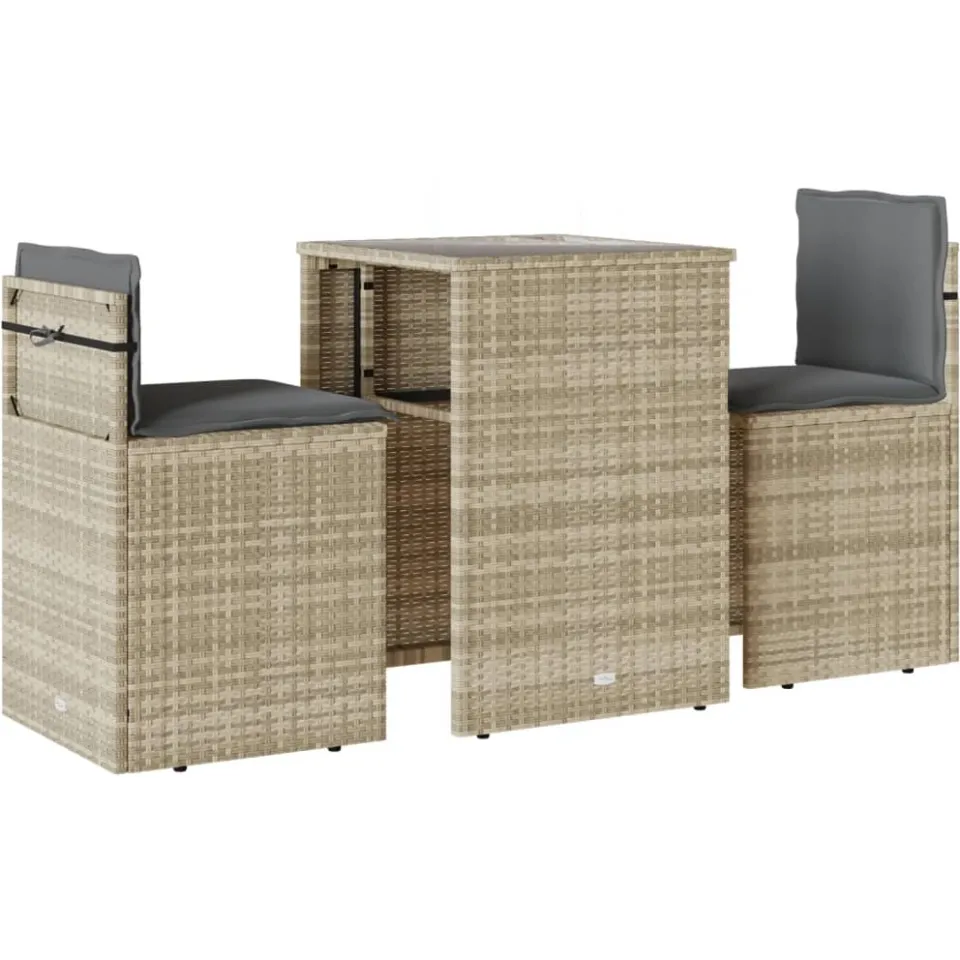 vidaXL 3-delige Bistroset met kussens poly rattan lichtgrijs grijs, foto 3
