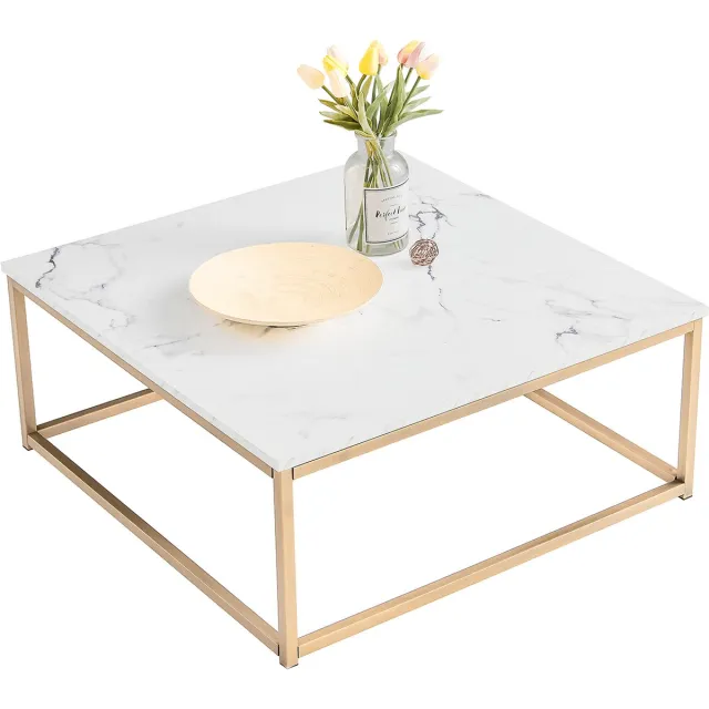 MEUBLE COSY Salontafel - 80x80cm Marmer Effect Industrieel - Goud Metaal