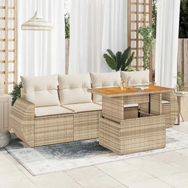 vidaXL 5-delige Loungeset met kussens poly rattan beige, foto 2