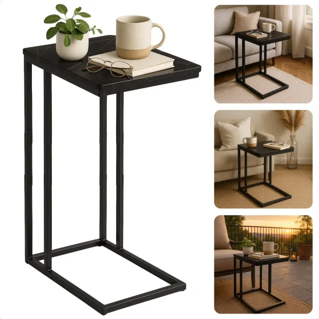 Cheqo Bijzettafel - Bedtafel - Laptoptafel - Banktafel - Bijzettafeltje - Salontafel - Bijzet Tafel - Metaal - Marmeren MDF Tafelblad - Kleine Moderne Tafel - Zwart NTB