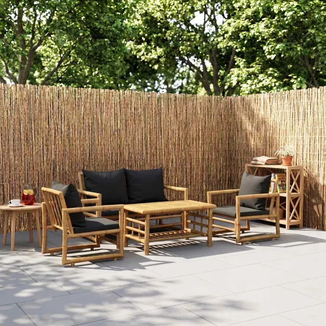 vidaXL 4-delige Loungeset met kussens bamboe grijs, foto 2