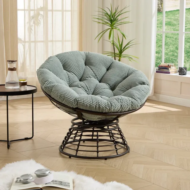HAUSS SPOLE Fauteuil - Papasan Draaifauteuil - Ergonomisch Met Dik Kussen - Voor Woonkamer En Slaapkamer - Rotan Bruin En Lichtgroen