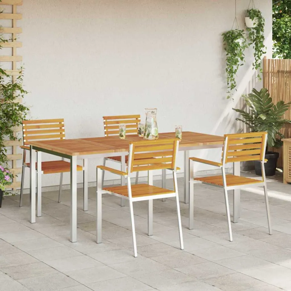 vidaXL Tuin eettafelset 5 st Massief acaciahout en roestvrij staal, foto 3