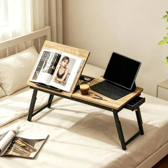 MODENUIT Bedtafel 83,5 x 33 cm - Verstelbaar en Kantelbaar - Met Lade - Voor Bed - Bamboe MDF - Zwart Eiken