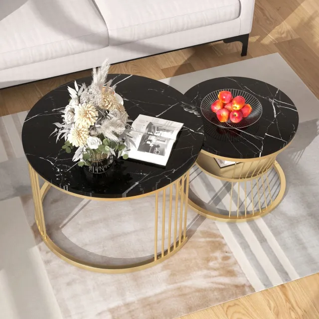 MEXUS Set van 2 ronde bijzettafels, 70/50 cm, ronde salontafels, modern design, marmeren salontafels met stalen poten (Zwart+Goud)