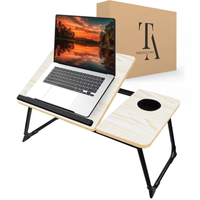 TrueLogic Alpha Bedtafel - Laptoptafel - Laptop standaard - Voor laptops t/m 17 inch - Ontbijttafel - Ontbijt op bed - White Wood Lichte Houtlook