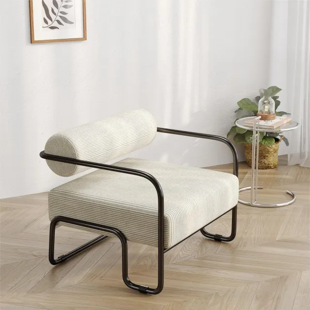 KOMHTOM Moderne loungestoel met stijlvolle rugleuning 68,5×73×70,5 cm – Bekleding van zacht corduroy & zwart metalen frame. Minimalistisch design voor woonkamer, slaapkamer of kantoor Beige