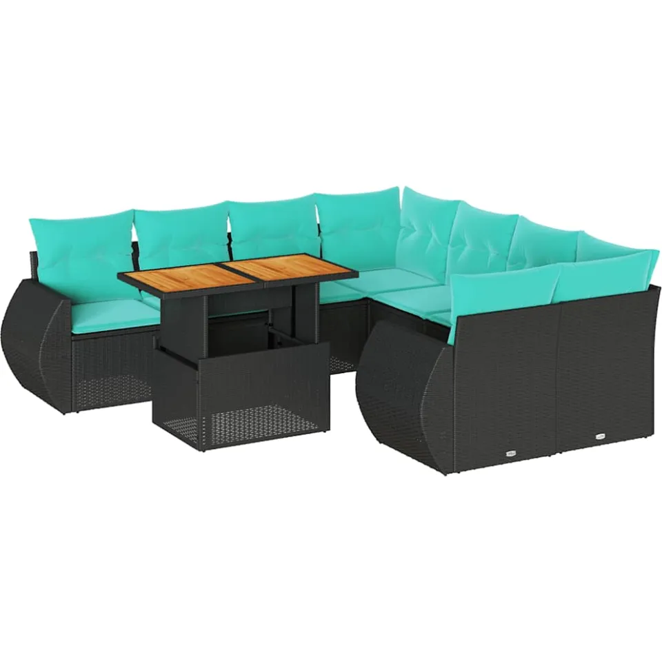 vidaXL 9-delige Loungeset met kussens poly rattan zwart