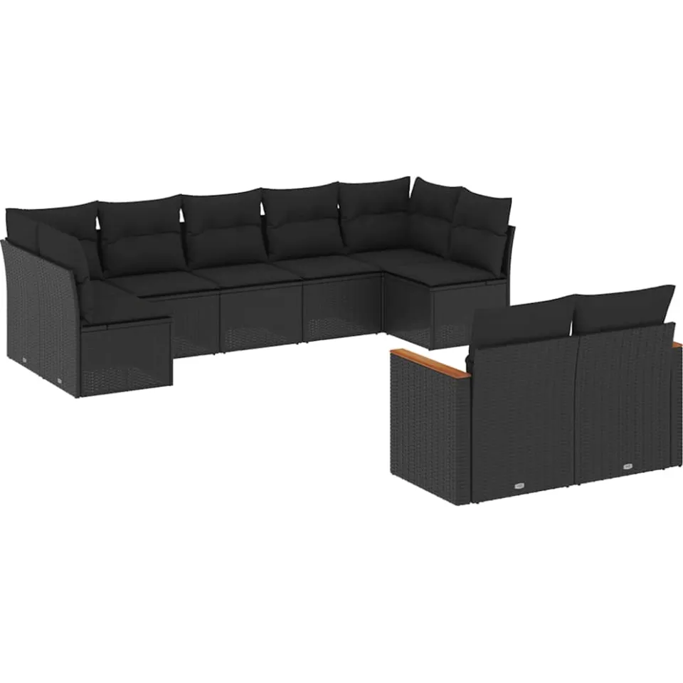 vidaXL 9-delige Loungeset met kussens poly rattan zwart