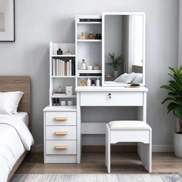 learnlogic Een witte kaptafel met spiegel afsluitbare lades opbergvakken en een bijpassende kruk geschikt voor een slaapkamer 80*35*125CM