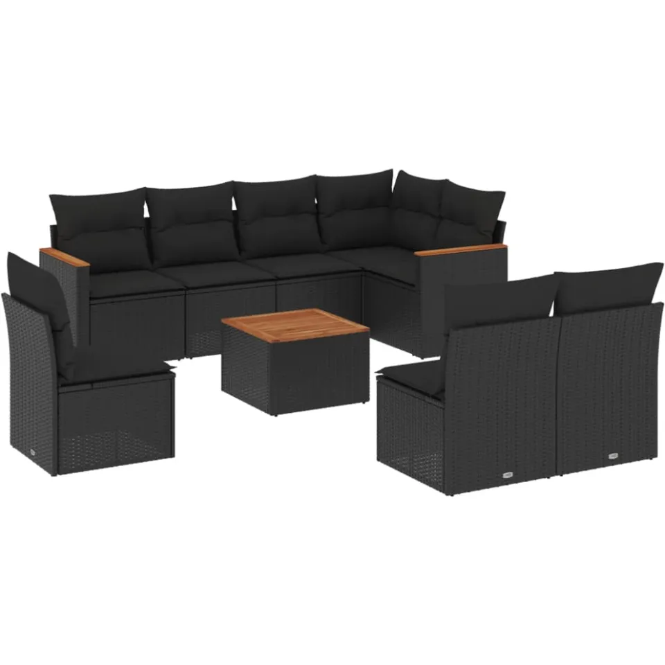 vidaXL 9-delige Loungeset met kussens poly rattan zwart, foto 3