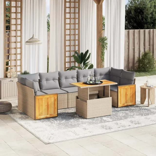 vidaXL 8-delige Loungeset met kussens poly rattan beige, foto 2