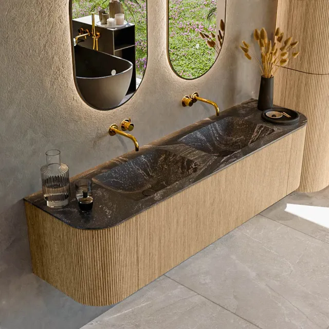 Mondiaz KURVE-DLUX 170 cm Onderkast Greeploos 1 Lade Met Deuren Oak, Wastafel Solid Surface Dubbel Lava 0 Kraangaten Zonder Spiegel (KRVLEA170L+R1L2D0KD-Oak/Lav)