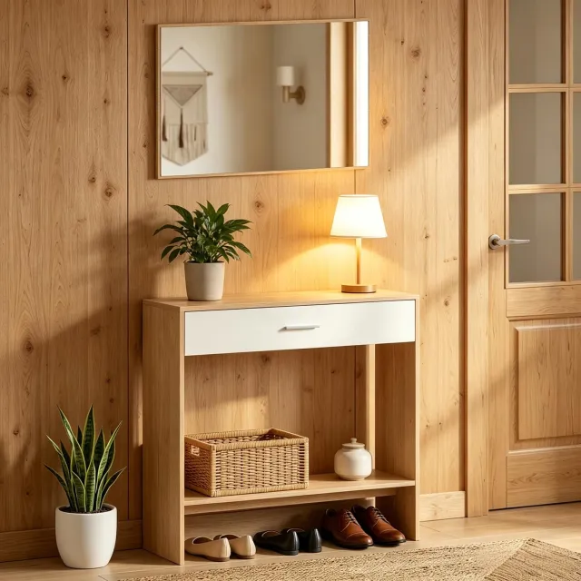 CHICFURN Sidetable - Met spiegel - Lade en open plank - Eiken en wit