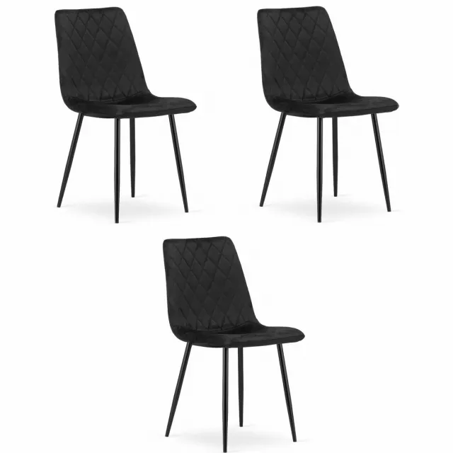 LEOBERT Set van 3 Eetkamerstoelen TURIN Zwart – Velvet Bekleding, Modern, Ergonomisch Design, Zwarte Metalen Poten, Max. 120 kg