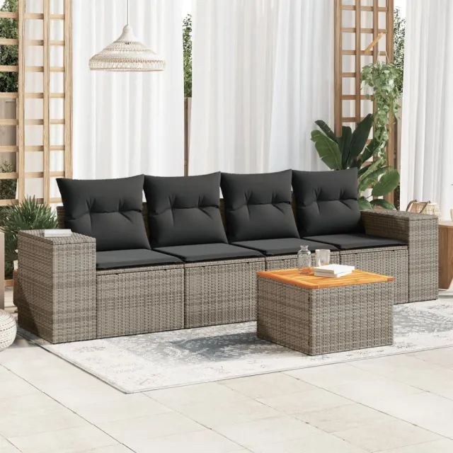 vidaXL 5-delige Loungeset met kussens poly rattan grijs, foto 2