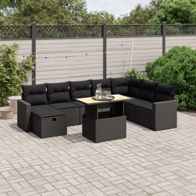 vidaXL 9-delige Loungeset met kussens poly rattan zwart, foto 2