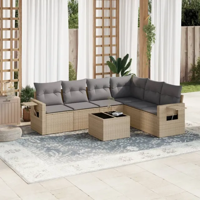 vidaXL 7-delige Loungeset met kussens poly rattan beige, foto 2
