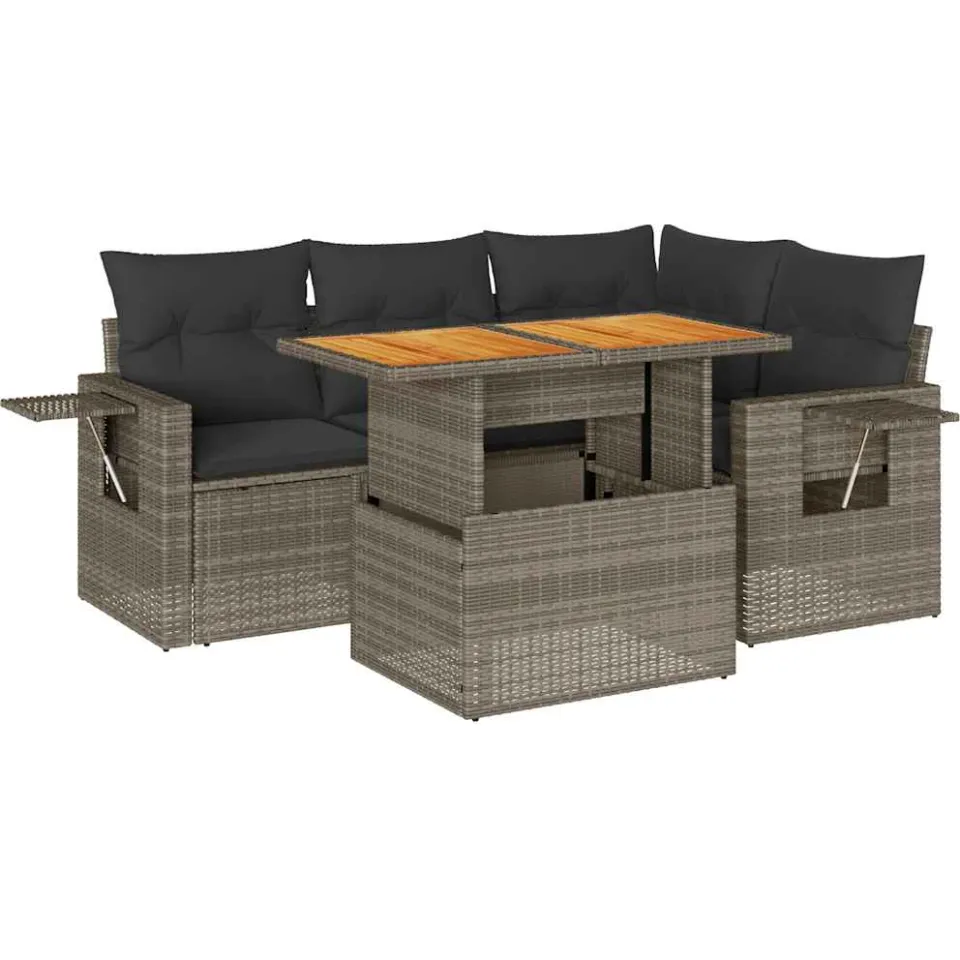 vidaXL 5-delige Loungeset met kussens poly rattan grijs, foto 3