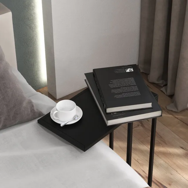 Wishdor C-vormige bijzettafel – compact laptoptablet en nachtkastje in zwart staal, schuift onder bank of bed, 46×26×60 cm