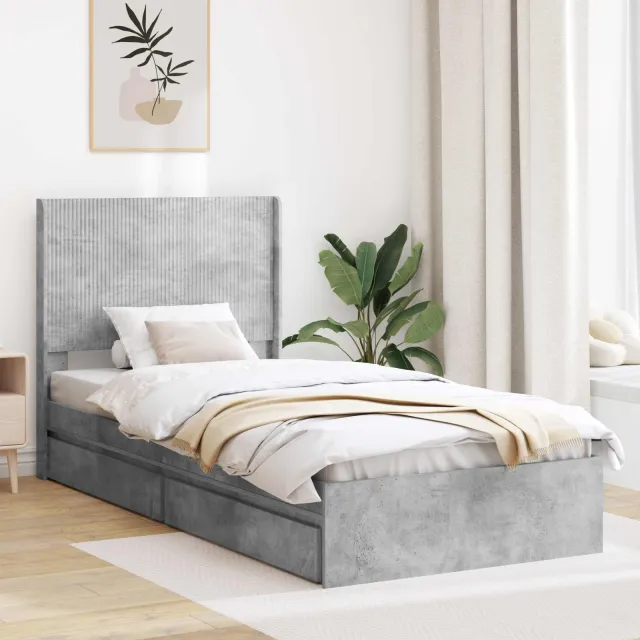 vidaXL Bedframe met opbergruimte en hoofdbord Betongrijs 90 x 190 cm