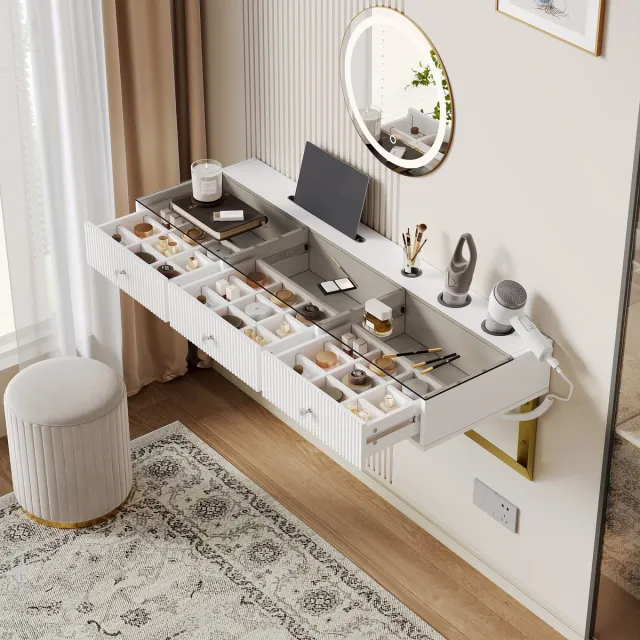 STILVORA Kaptafel - Met 3 Soepel Lopende Lades En Glasblad - Met Tablethouder En Bekerhouder - MDF En Spaanplaat - Wit - 120x40x45 Cm