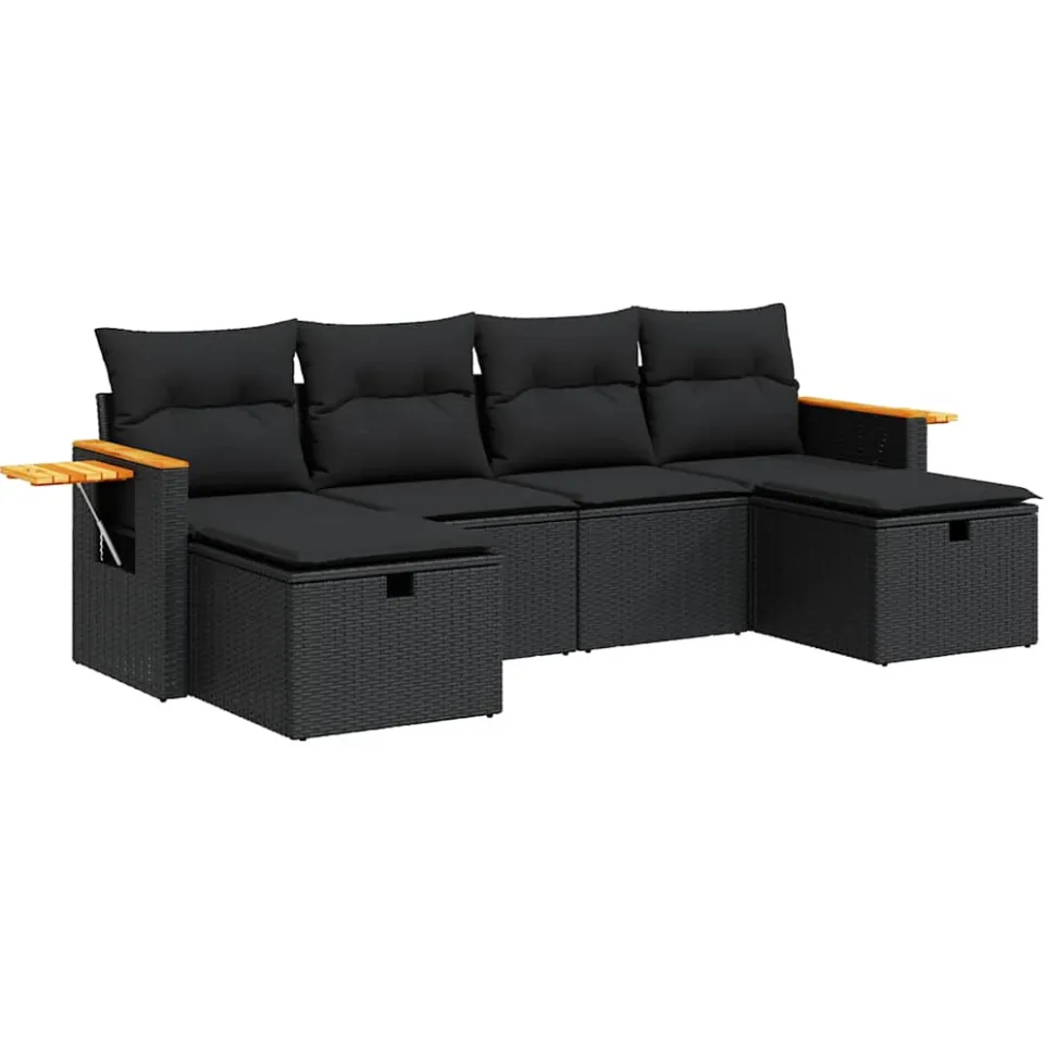 vidaXL 6-delige Loungeset met kussens poly rattan zwart, foto 3