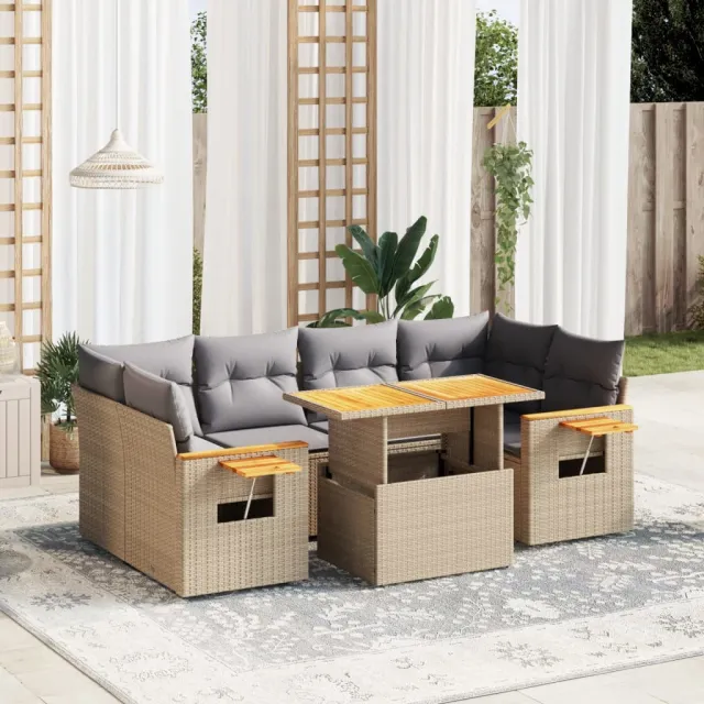 vidaXL 7-delige Loungeset met kussens poly rattan beige, foto 2