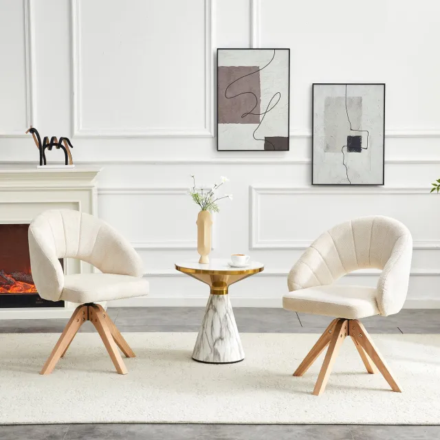 Clruro Eetkamerstoel - 2-delige set - 360° draaistoel retro luxe - eetkamer woonkamer - stof + hout - wit Wit, Hout