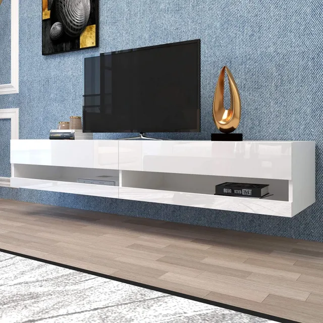 FloraGrace Tv-Meubel - Zwevend Met Ledverlichting En Veel Opbergruimte - Voor Woonkamer - Mdf - 140x40x30,5 Cm - Wit