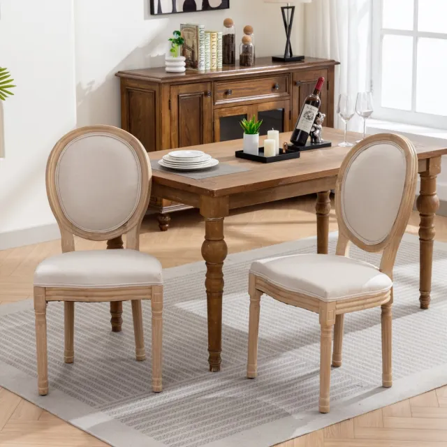 Clruro Franse Stijl Eetkamerstoelen - Set van 2 - Massief Houten Frame - Linnen Stof & Rattan Rug - Beige