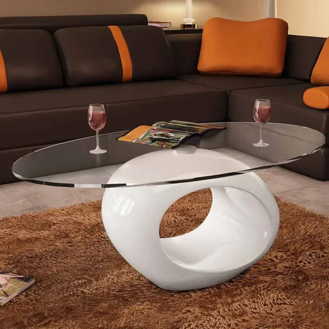 vidaXL Salontafel met ovaal glazen tafelblad hoogglans wit, foto 2